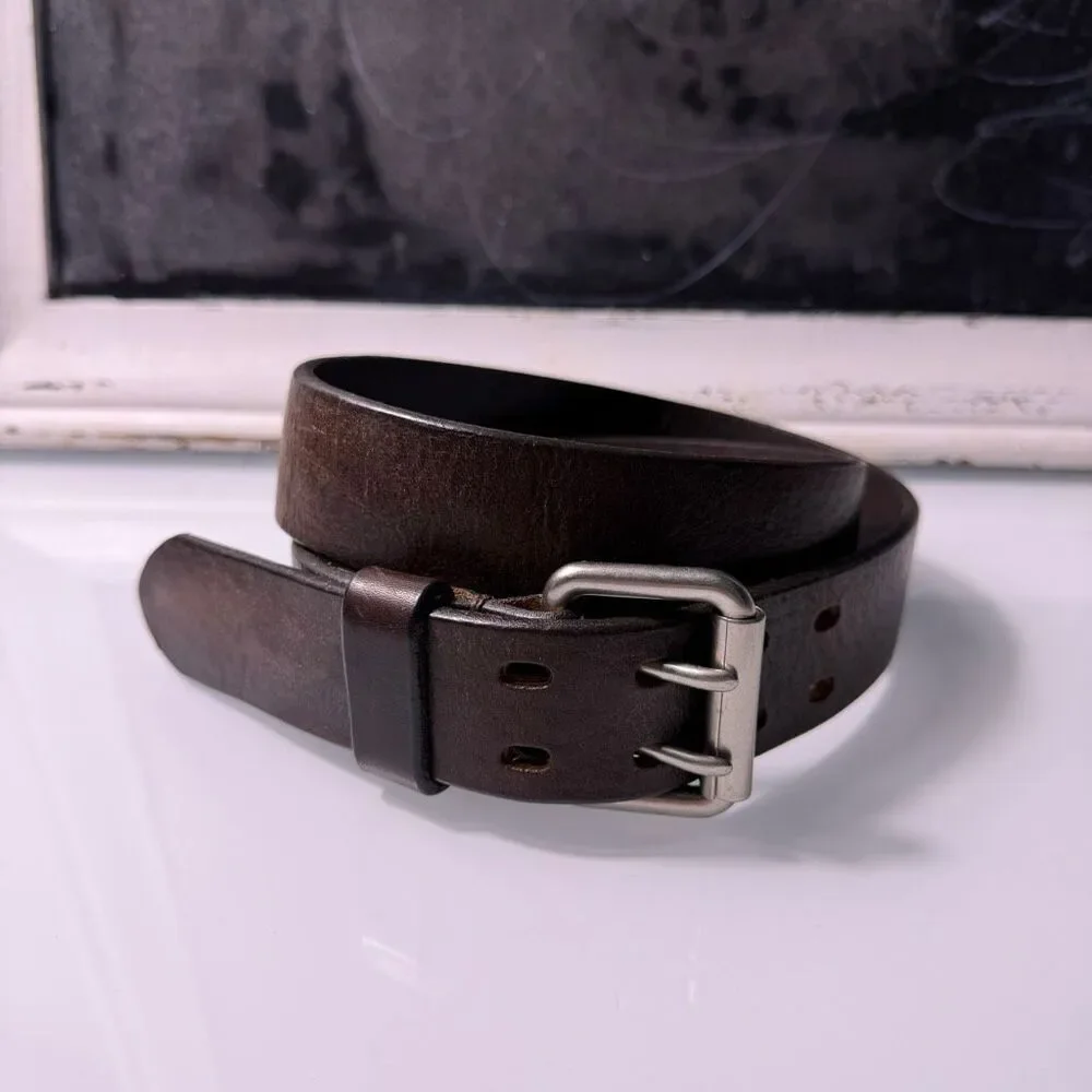 J Crew Genuine Leather Brown Double Prong Belt Rustic Distressed Classic Sz L